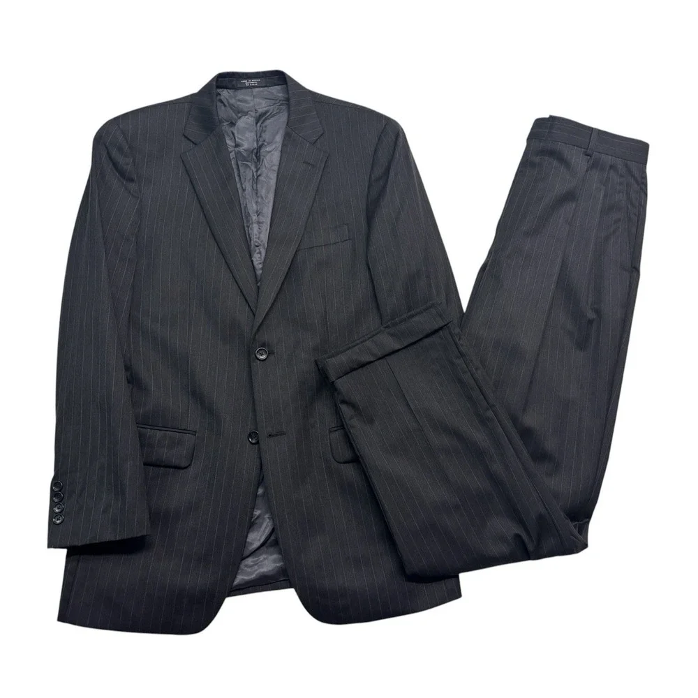 vtg Y2K Jones New York 38L 34x32 Charcoal Striped 2pc Pant‎ Suit Wool Pleated